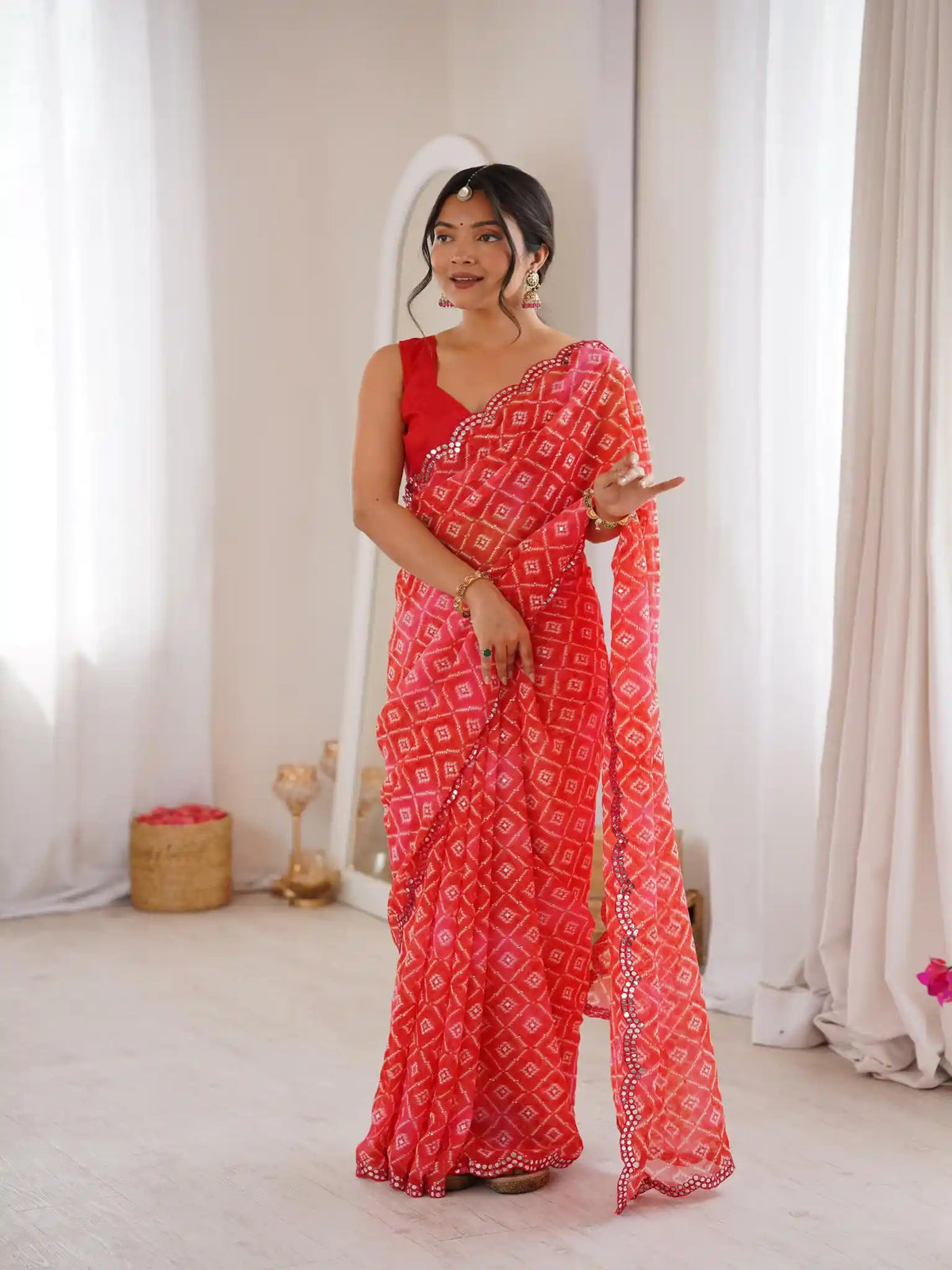 Red Georgette Bandhani Jari Printed Mirror Work Saree - View 1