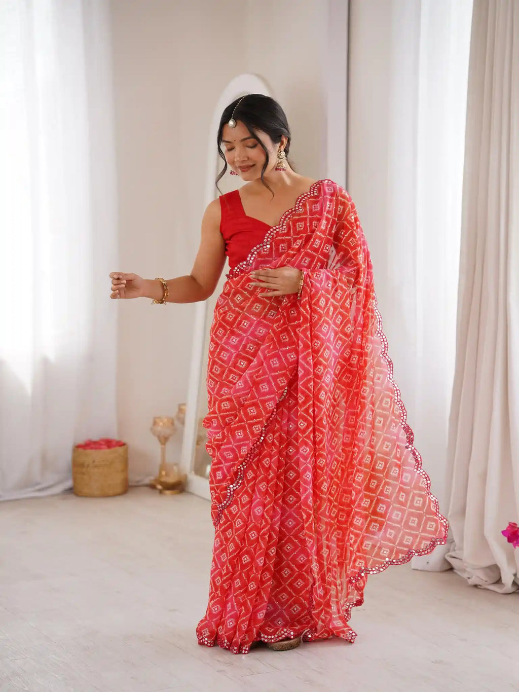 Red Georgette Bandhani Jari Printed Mirror Work Saree - View 2