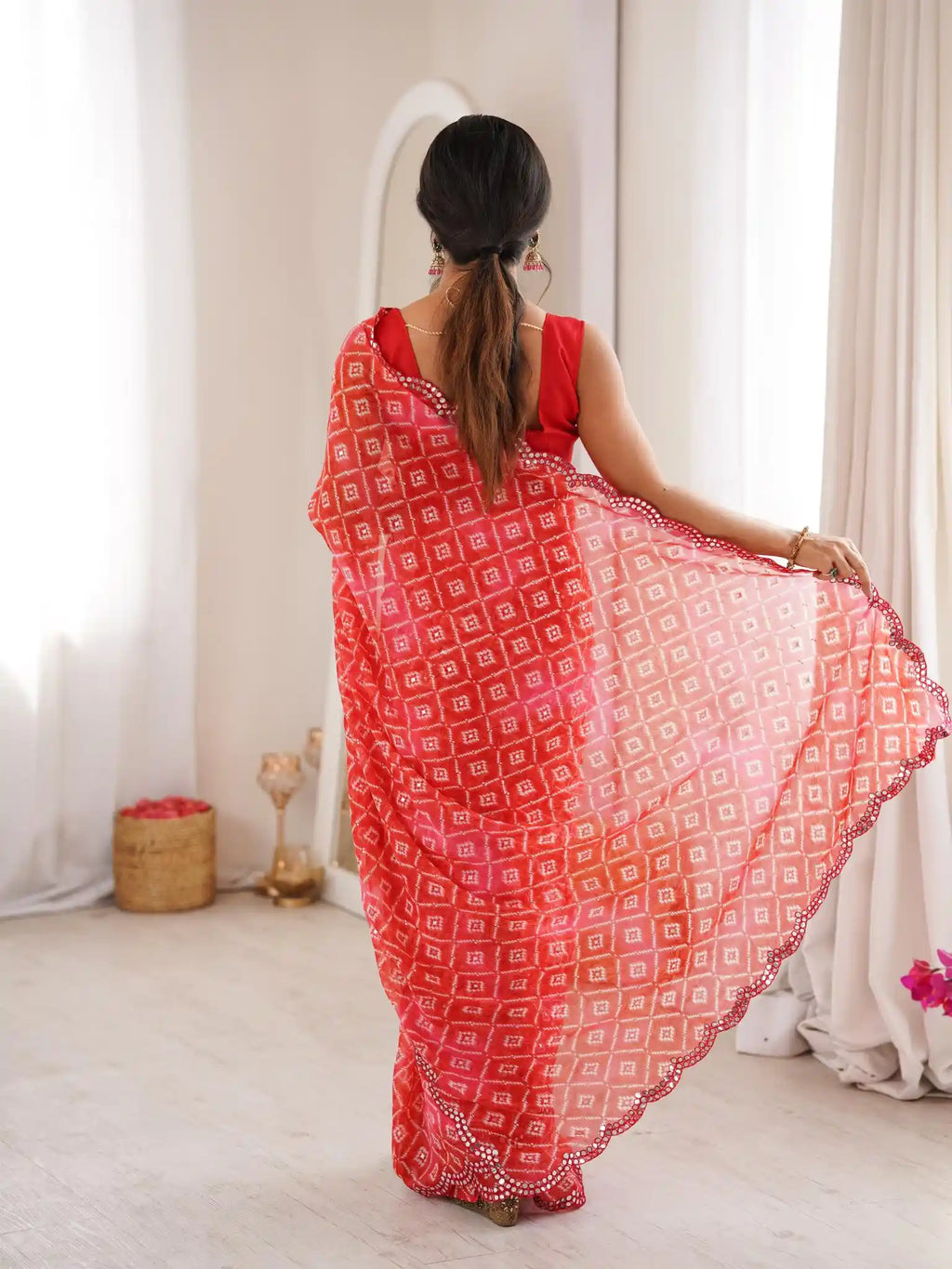 Red Georgette Bandhani Jari Printed Mirror Work Saree - View 4