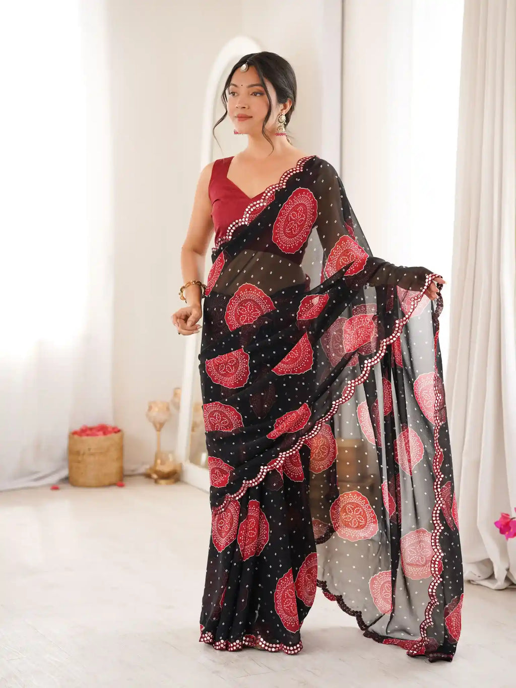 Black Georgette Bandhani Gola Printed Mirror Work Saree - View 1