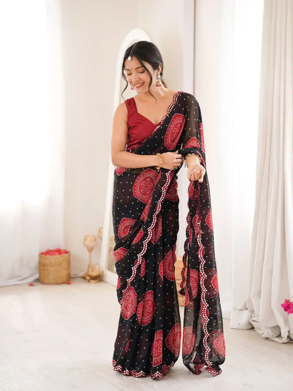 Black Georgette Bandhani Gola Printed Mirror Work Saree - View 3