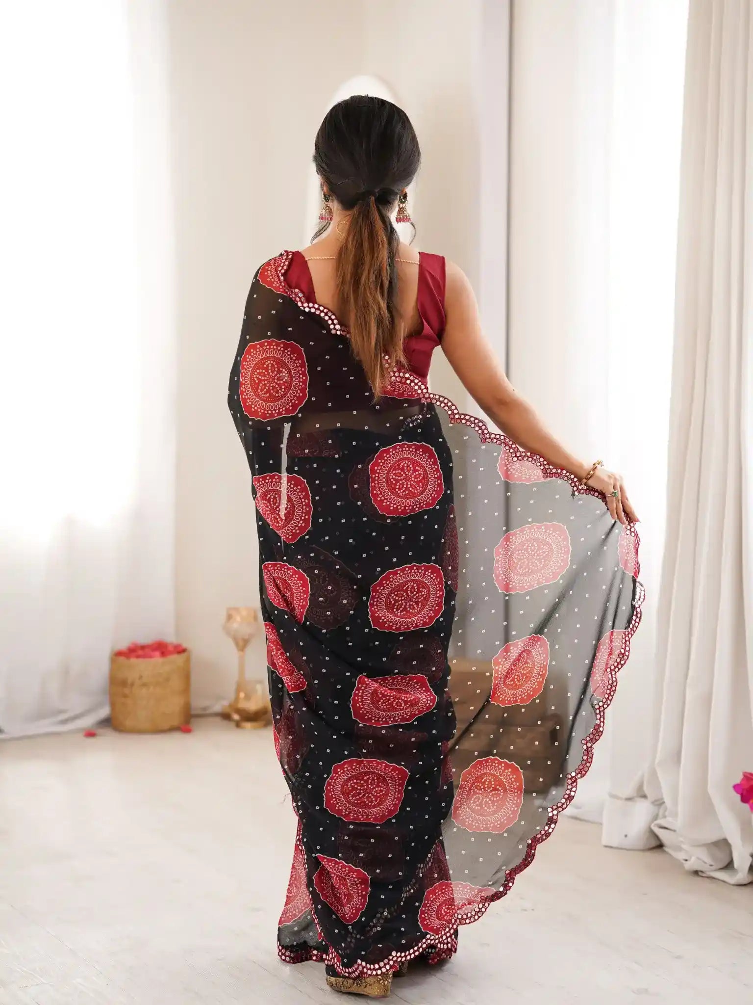 Black Georgette Bandhani Gola Printed Mirror Work Saree - View 5