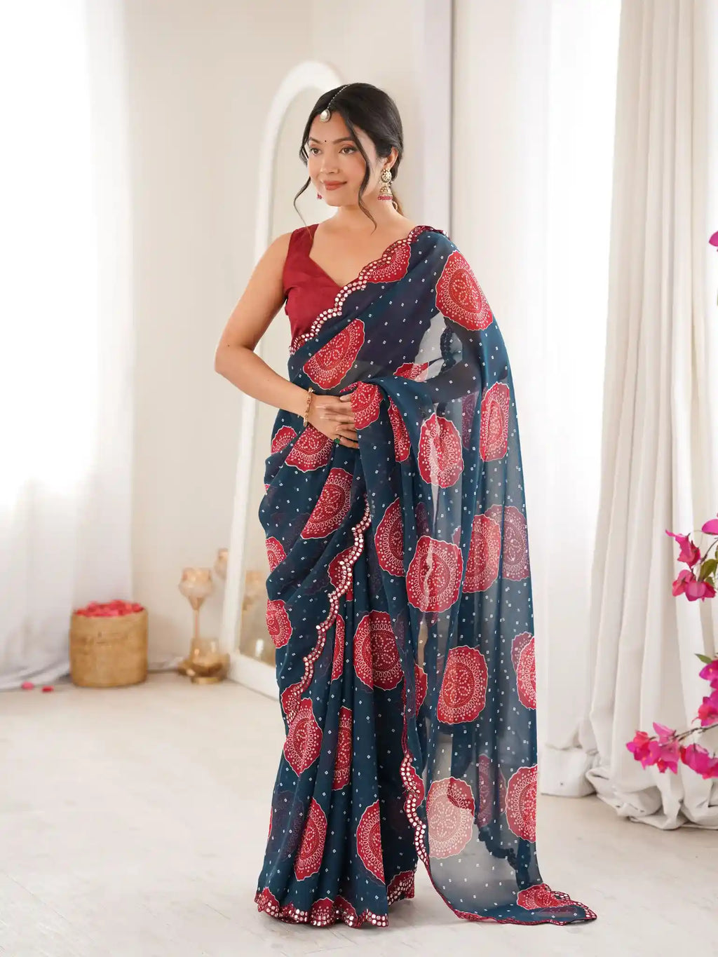 Petrol Blue Georgette Bandhani Gola Printed Mirror Work Saree - View 1