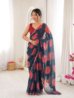 Petrol Blue Georgette Bandhani Gola Printed Mirror Work Saree - View 1