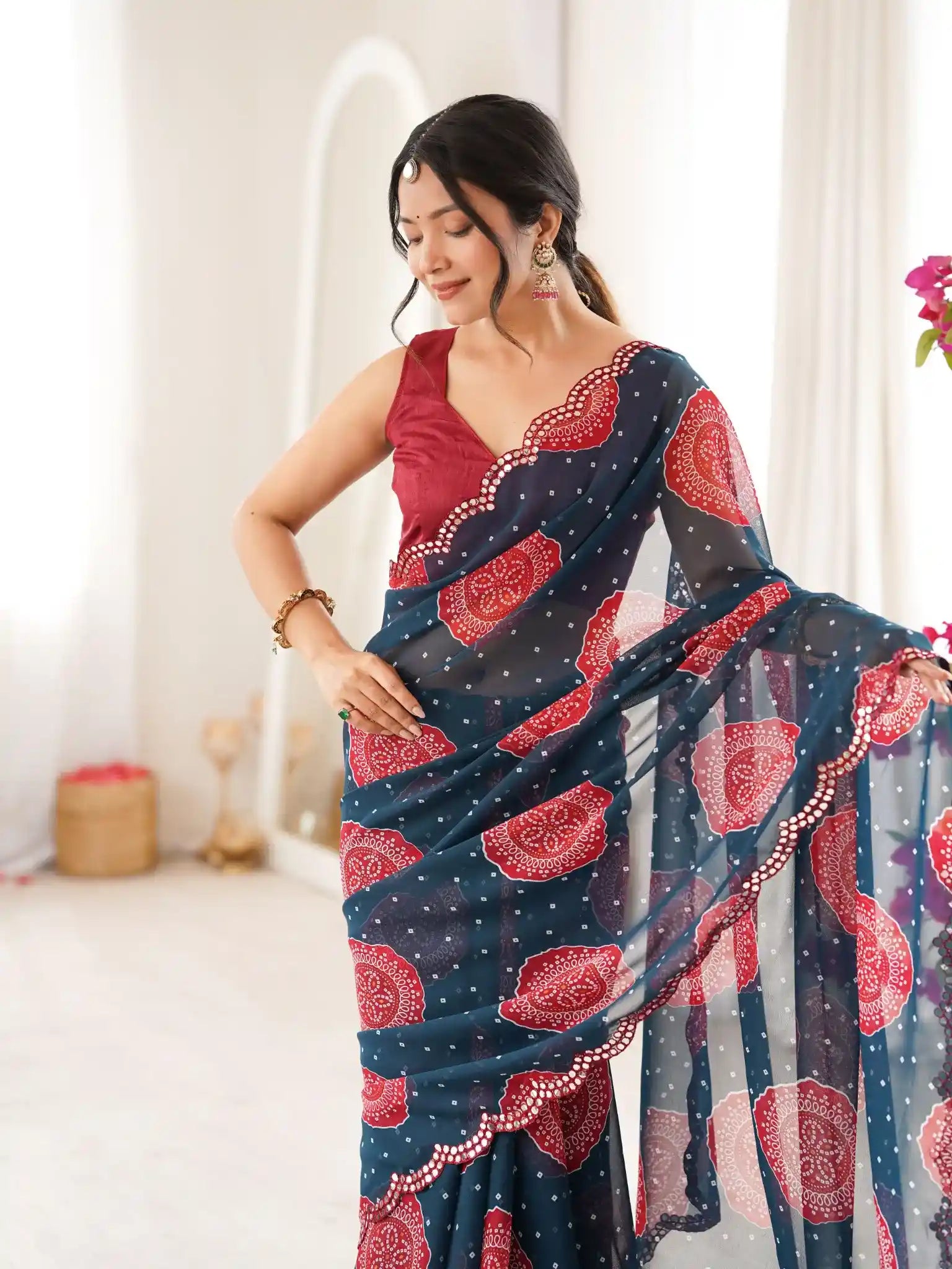 Petrol Blue Georgette Bandhani Gola Printed Mirror Work Saree - View 2