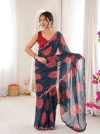 Petrol Blue Georgette Bandhani Gola Printed Mirror Work Saree - View 3