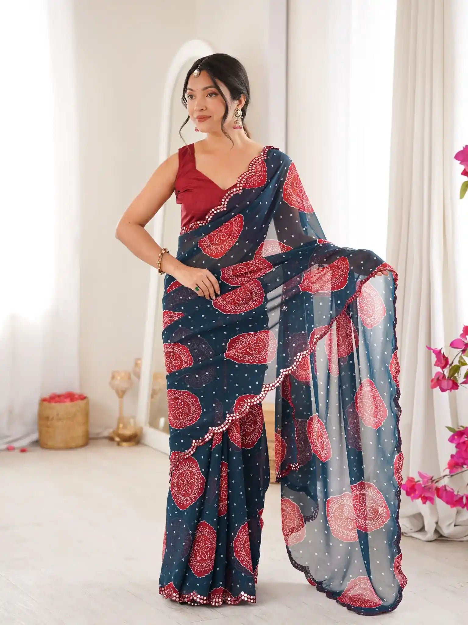 Petrol Blue Georgette Bandhani Gola Printed Mirror Work Saree - View 3