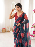 Petrol Blue Georgette Bandhani Gola Printed Mirror Work Saree - View 4