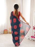 Petrol Blue Georgette Bandhani Gola Printed Mirror Work Saree - View 5