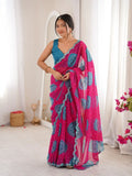 Pink Georgette Bandhani Gola Printed Mirror Work Saree - View 1