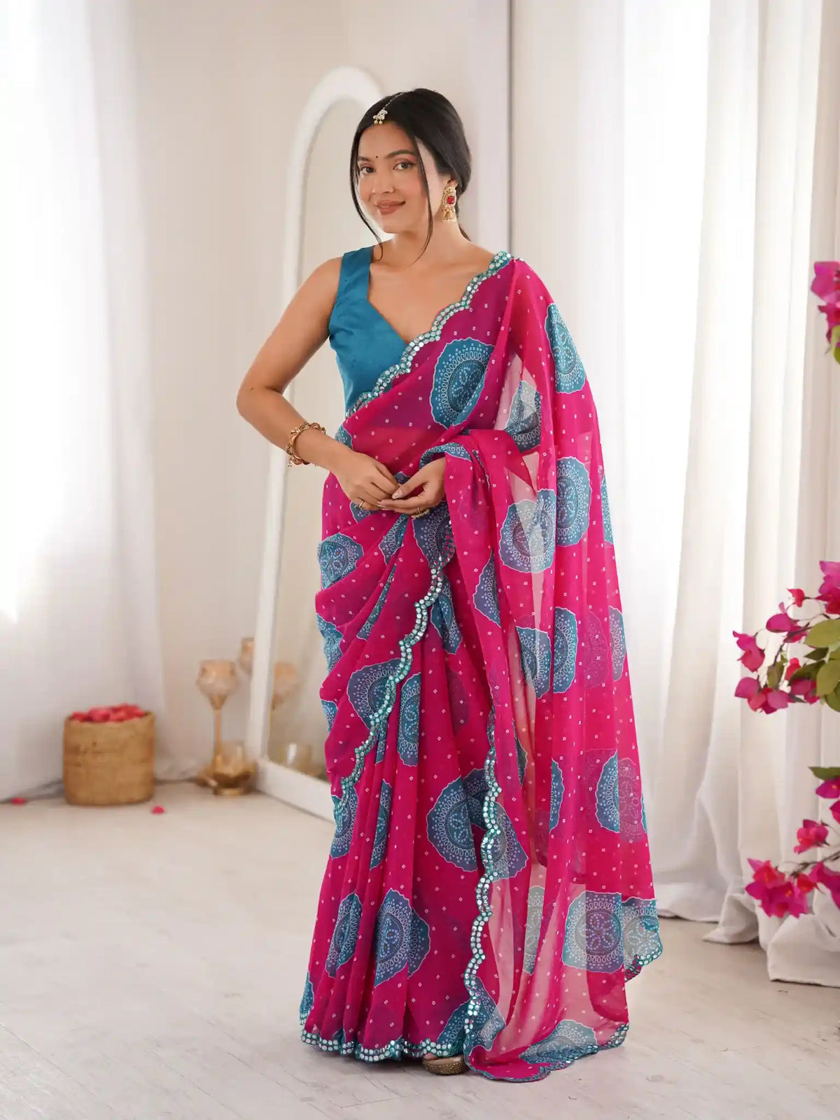 Pink Georgette Bandhani Gola Printed Mirror Work Saree - View 1
