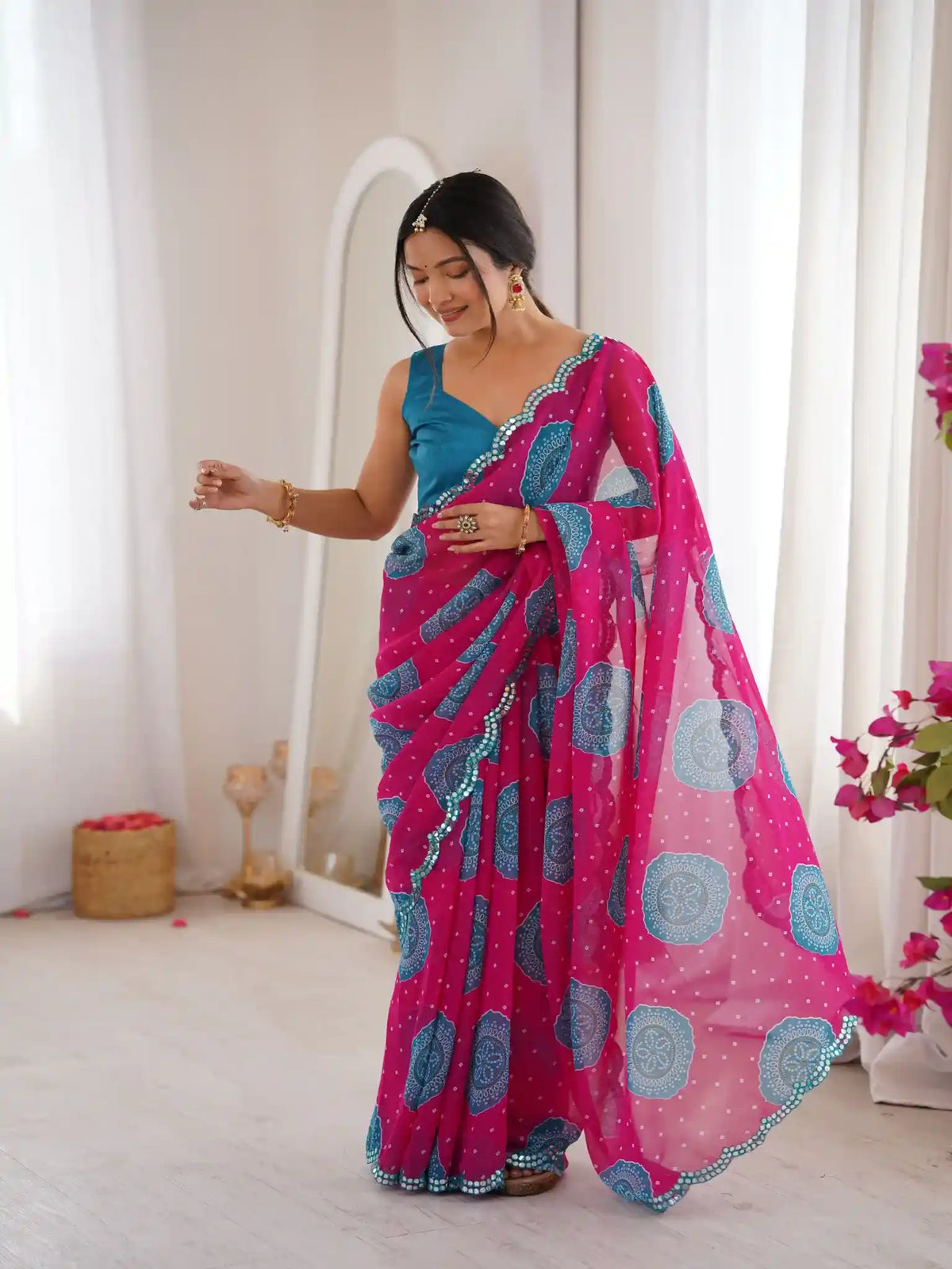 Pink Georgette Bandhani Gola Printed Mirror Work Saree - View 2