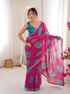Pink Georgette Bandhani Gola Printed Mirror Work Saree - View 3