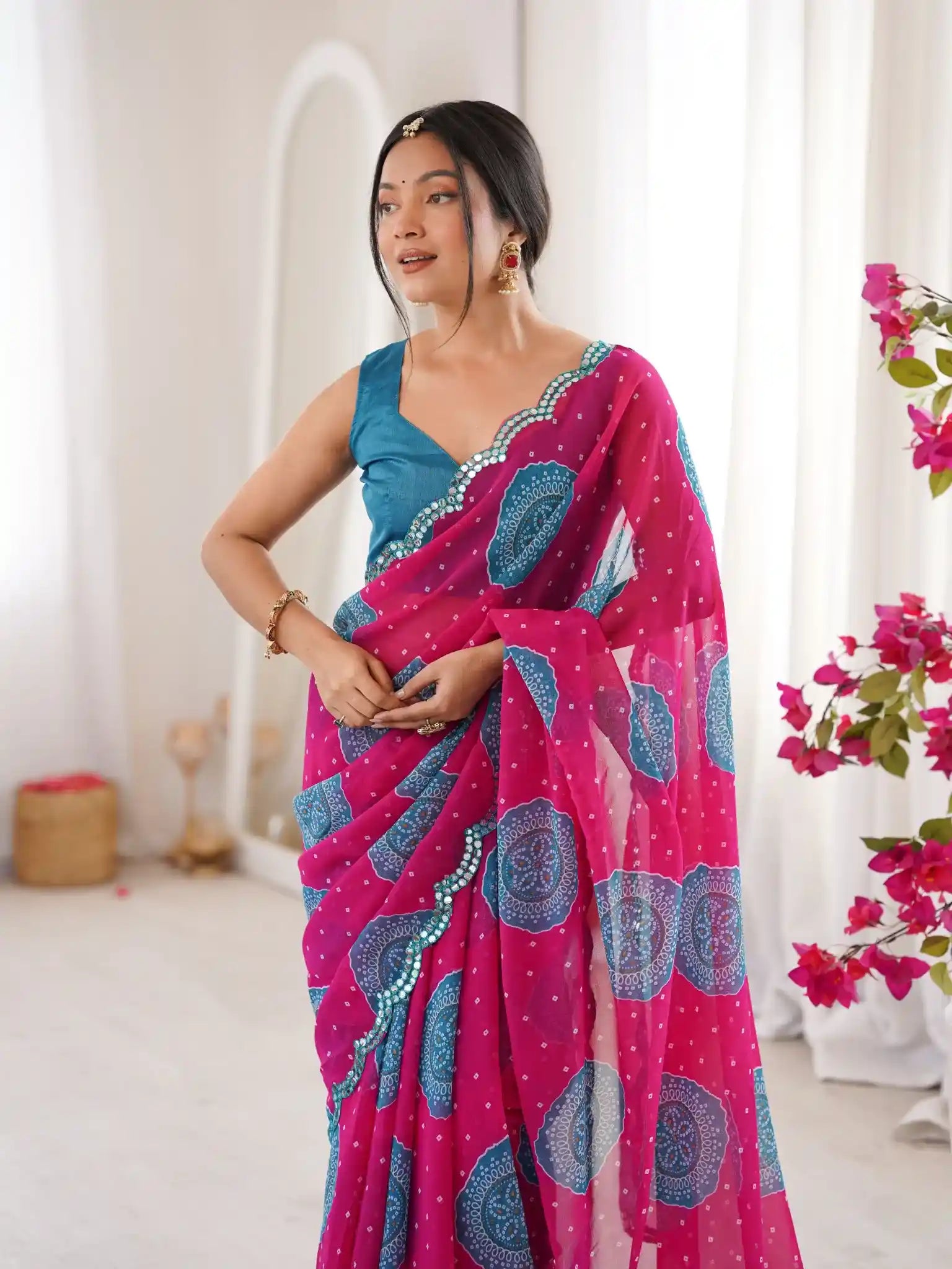 Pink Georgette Bandhani Gola Printed Mirror Work Saree - View 4