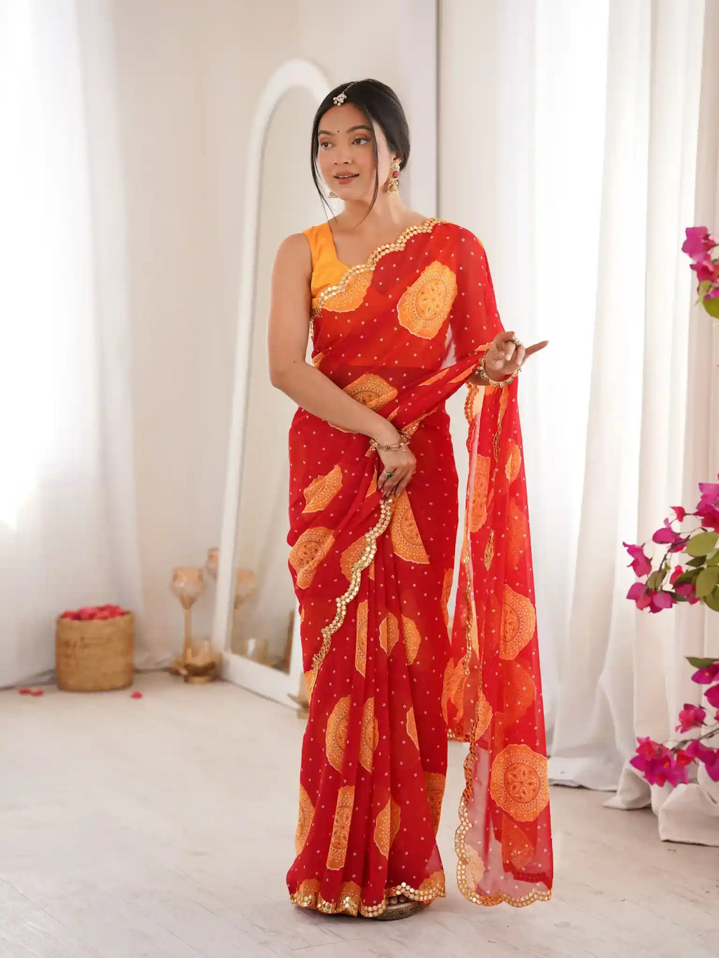 Red Georgette Bandhani Gola Printed Mirror Work Saree - View 1