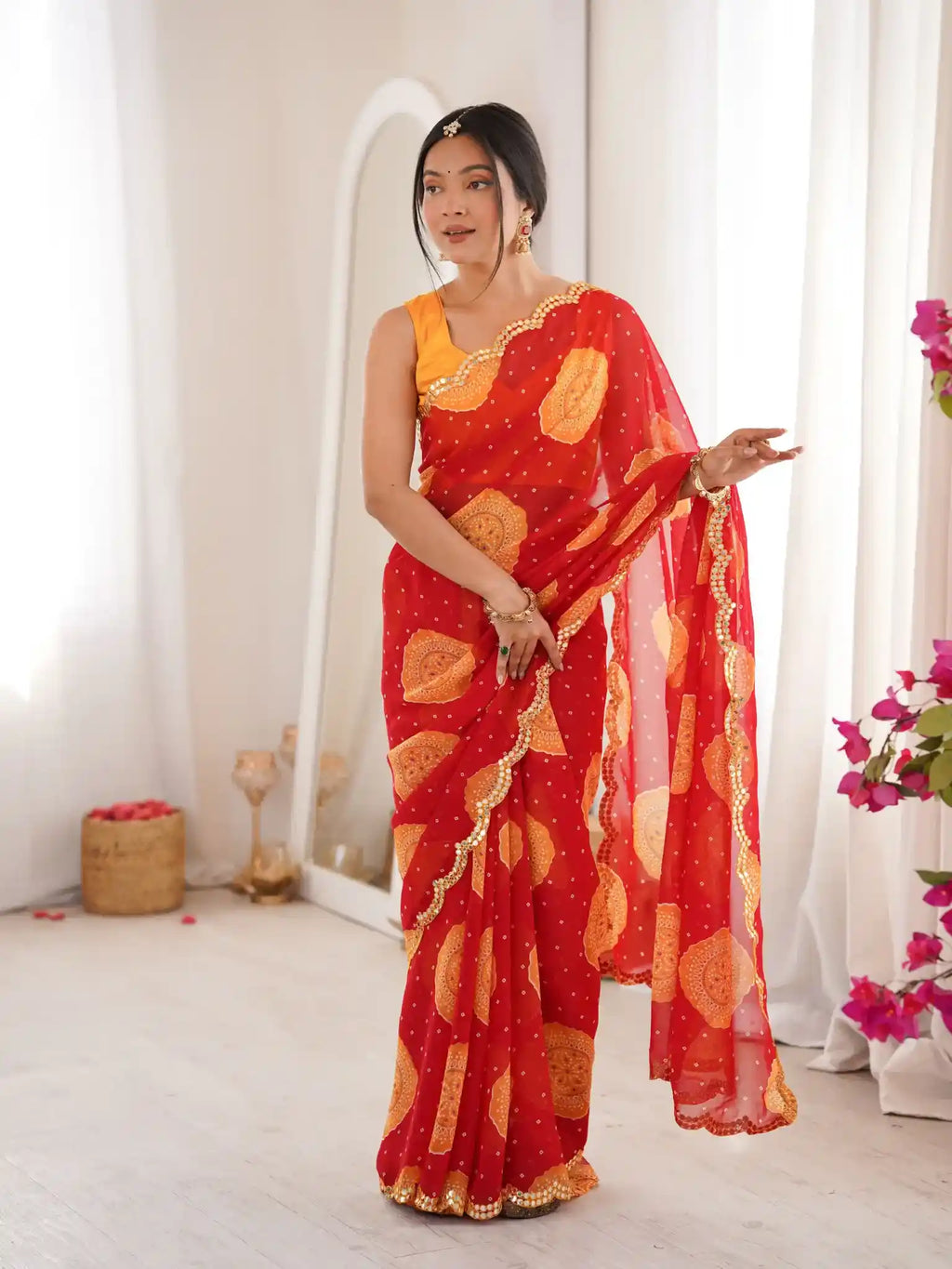 Red Georgette Bandhani Gola Printed Mirror Work Saree - View 2