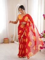 Red Georgette Bandhani Gola Printed Mirror Work Saree - View 3