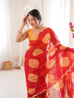 Red Georgette Bandhani Gola Printed Mirror Work Saree - View 4