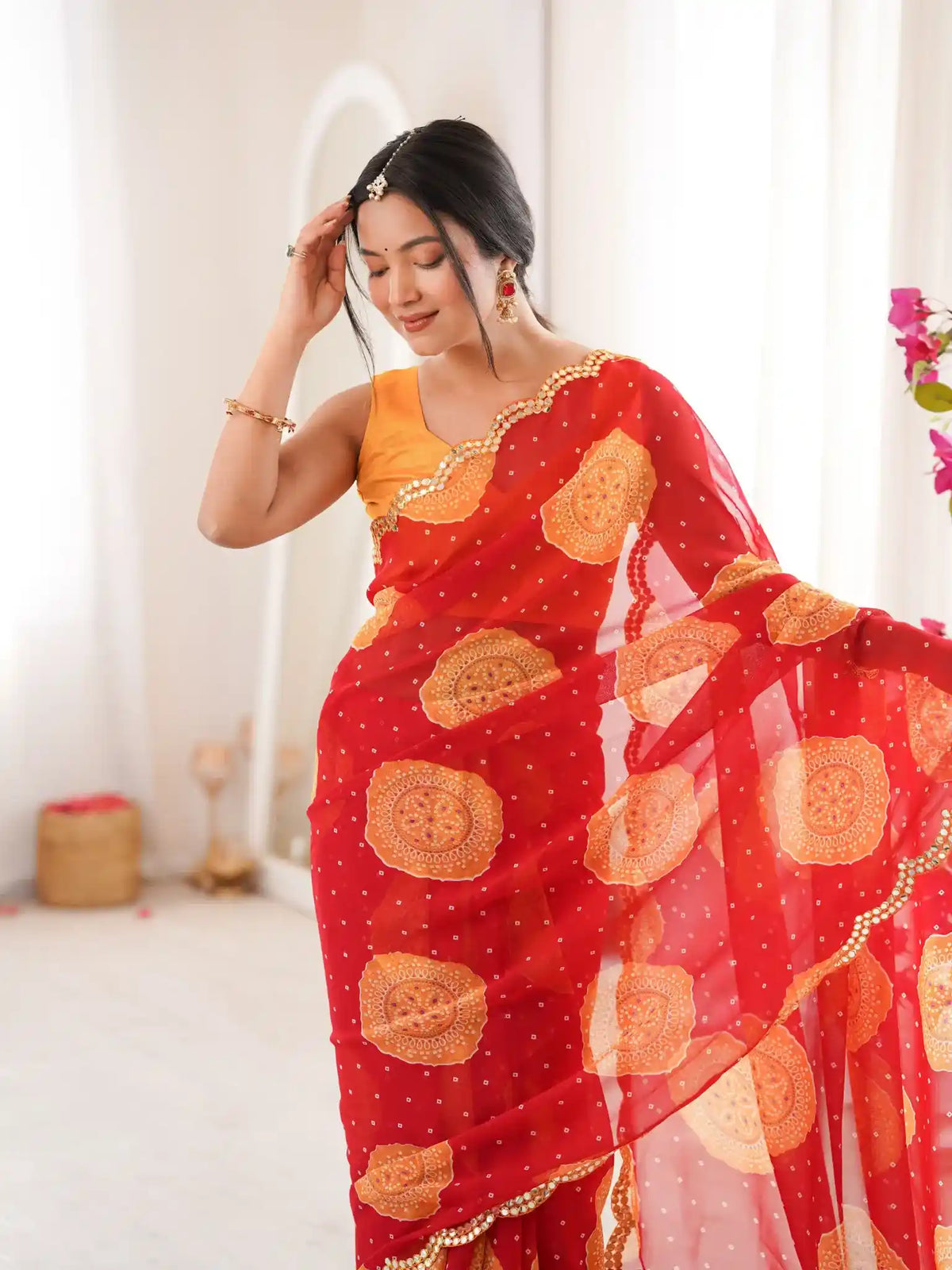 Red Georgette Bandhani Gola Printed Mirror Work Saree - View 4