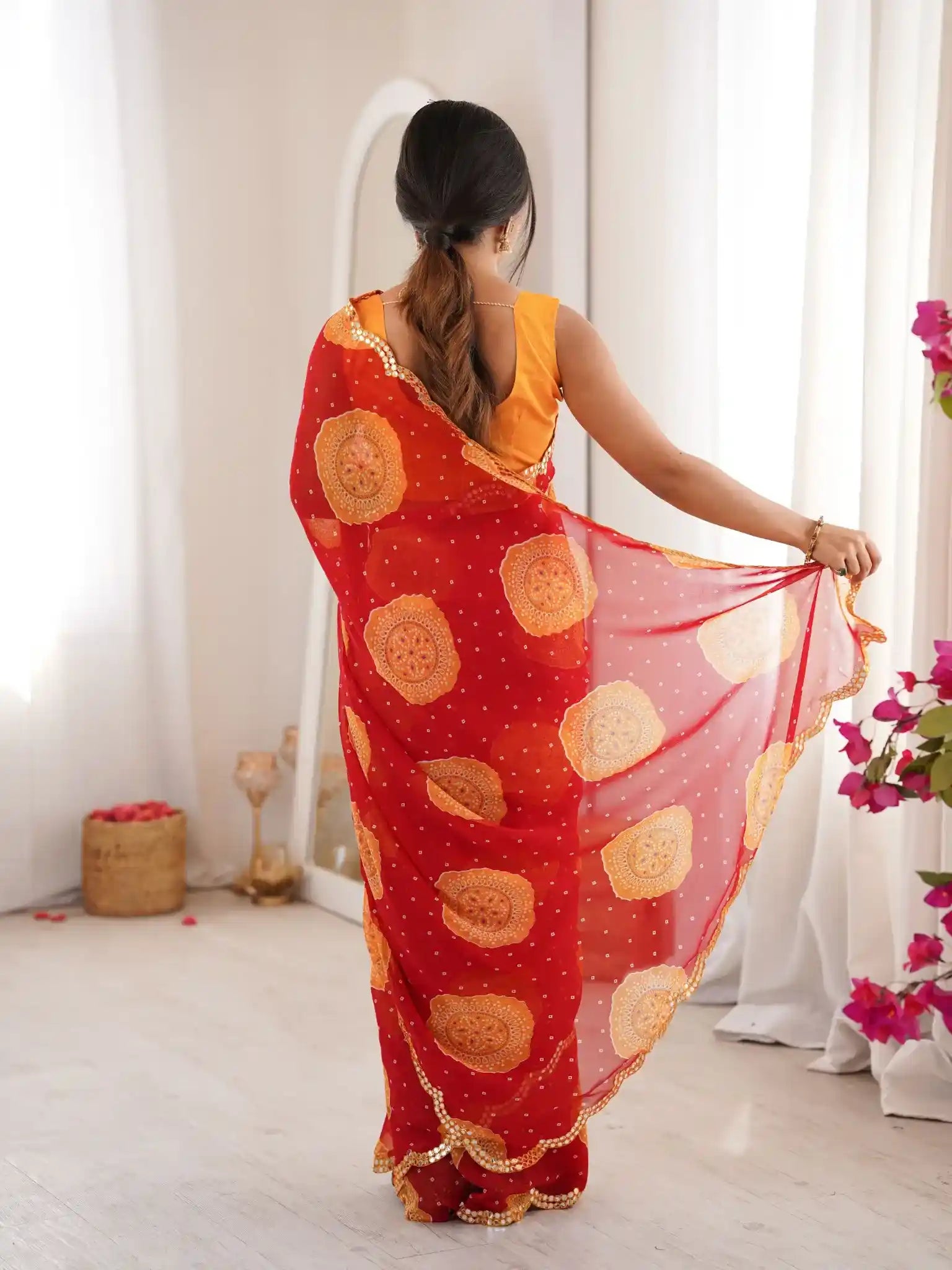 Red Georgette Bandhani Gola Printed Mirror Work Saree - View 5