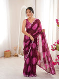 Wine Georgette Bandhani Gola Printed Mirror Work Saree - View 1