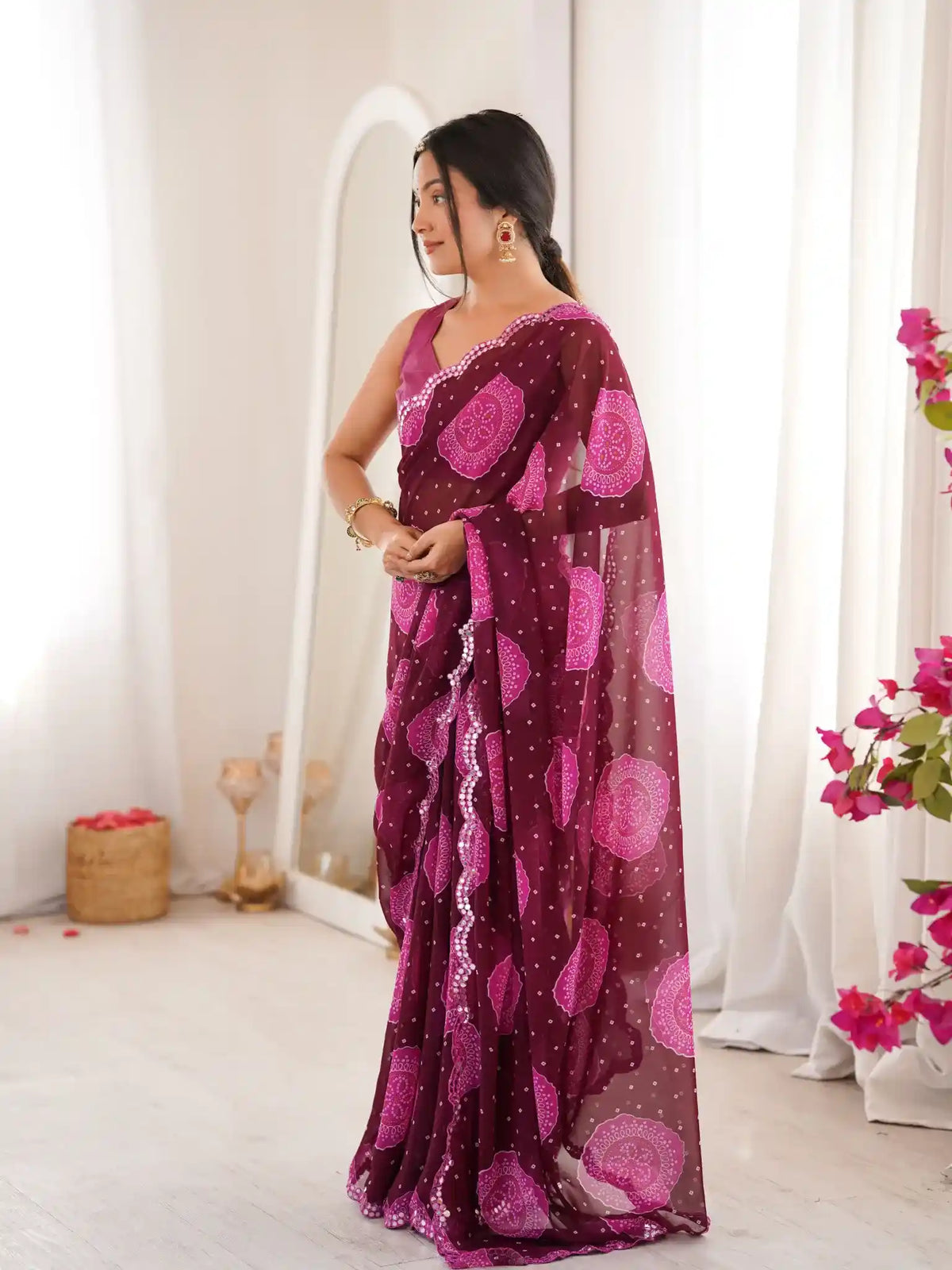 Wine Georgette Bandhani Gola Printed Mirror Work Saree - View 2