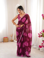 Wine Georgette Bandhani Gola Printed Mirror Work Saree - View 3