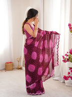 Wine Georgette Bandhani Gola Printed Mirror Work Saree - View 4