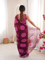 Wine Georgette Bandhani Gola Printed Mirror Work Saree - View 5