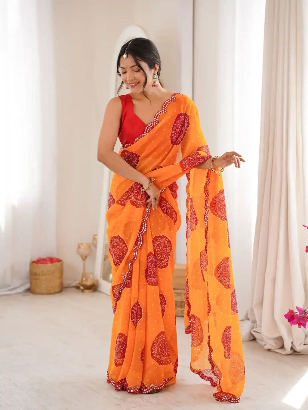 Orange Georgette Bandhani Gola Printed Mirror Work Saree - View 1