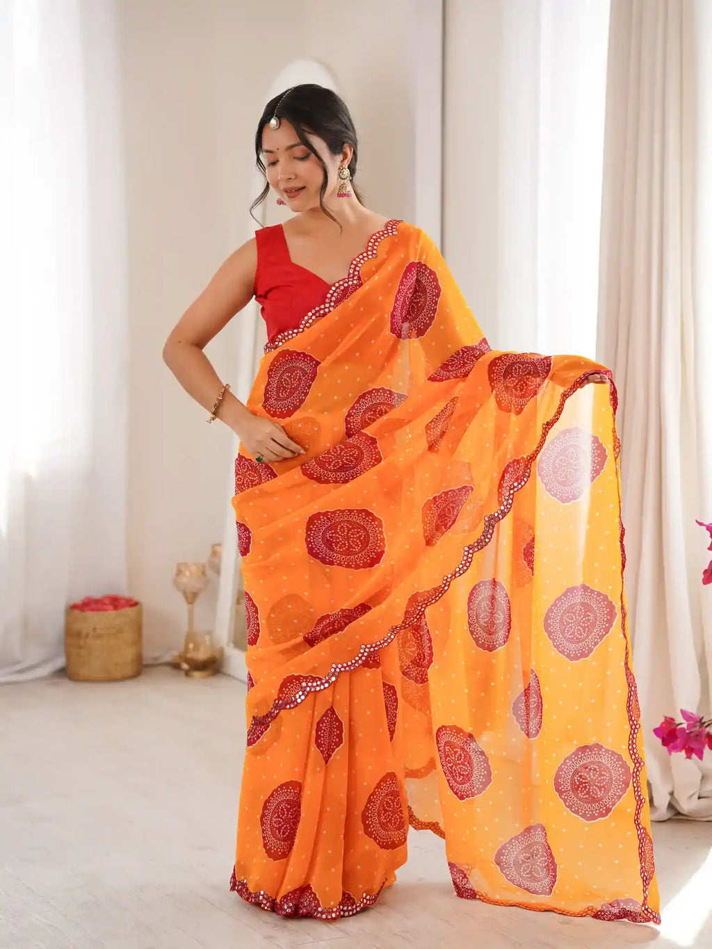 Orange Georgette Bandhani Gola Printed Mirror Work Saree - View 2