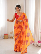 Orange Georgette Bandhani Gola Printed Mirror Work Saree - View 3