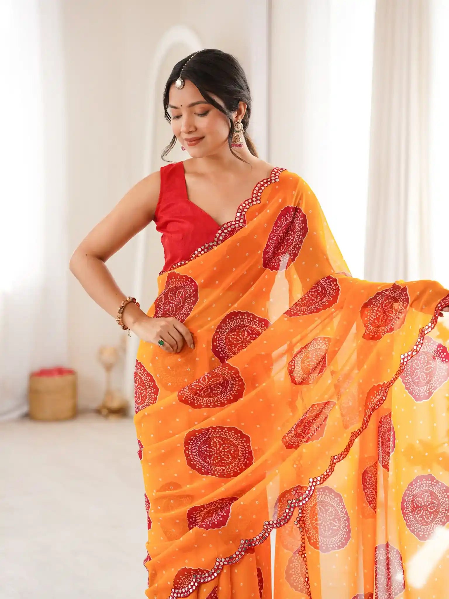 Orange Georgette Bandhani Gola Printed Mirror Work Saree - View 4
