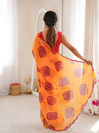 Orange Georgette Bandhani Gola Printed Mirror Work Saree - View 5