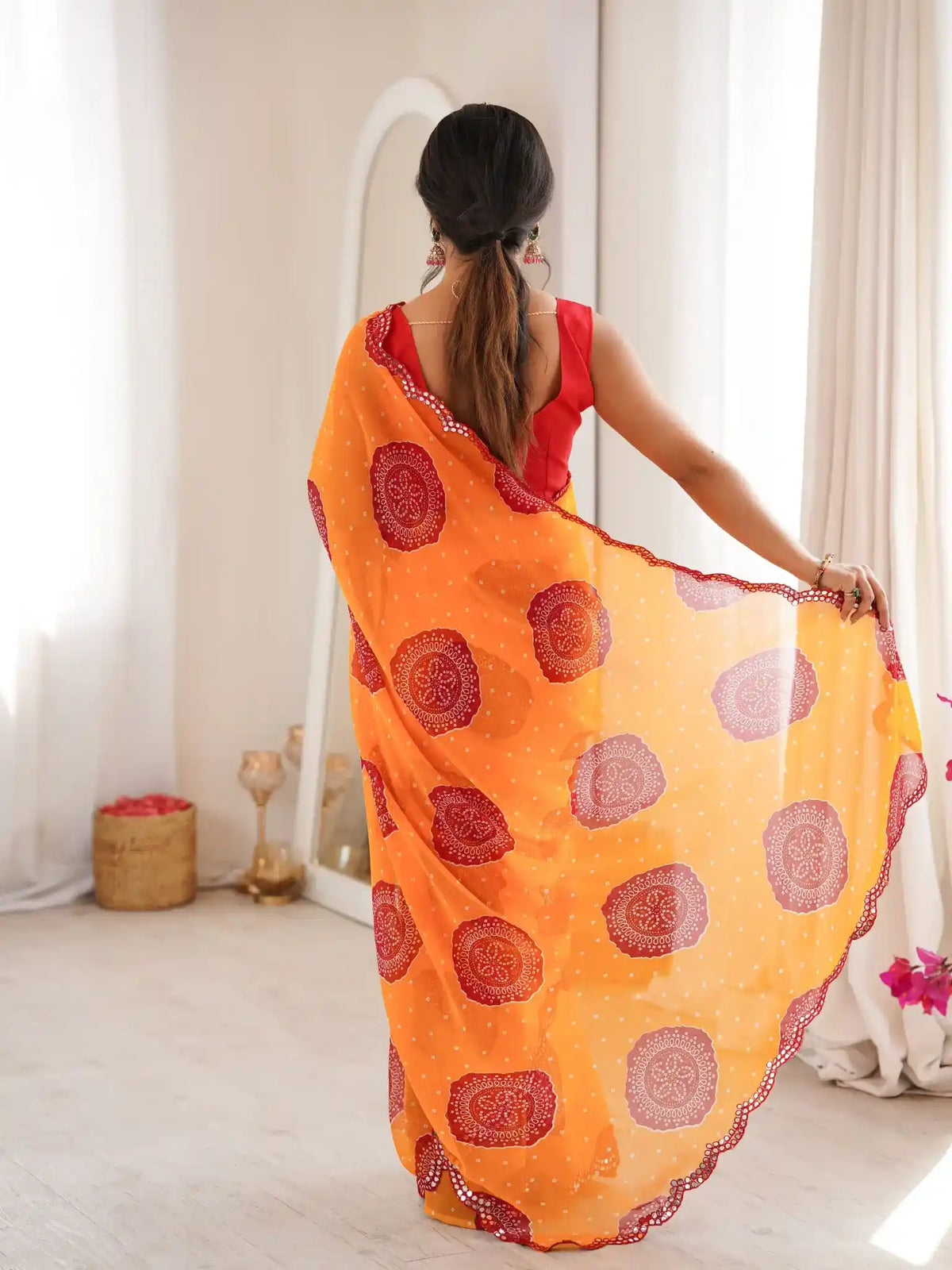Orange Georgette Bandhani Gola Printed Mirror Work Saree - View 5