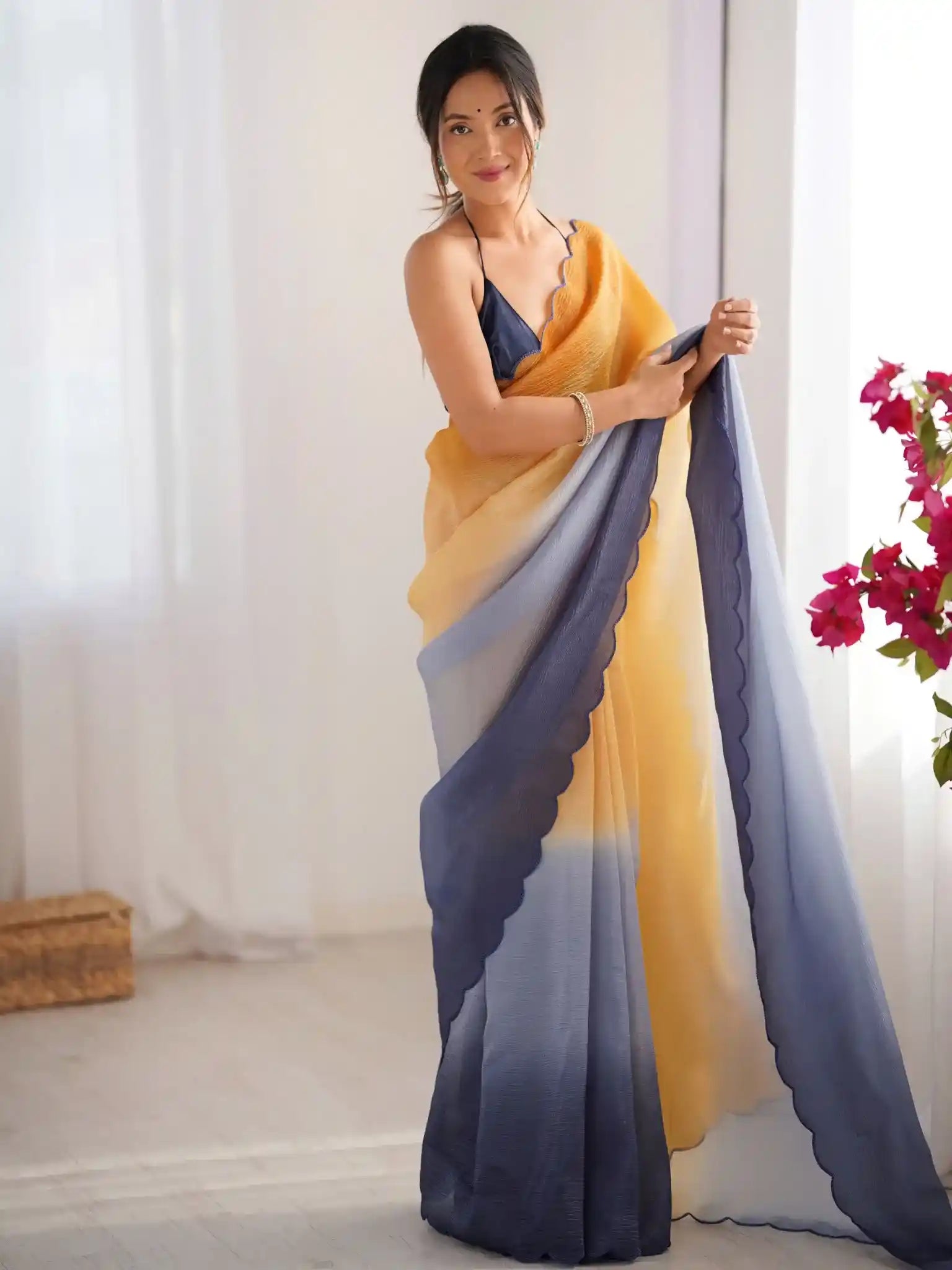 Orange, Grey Crunchy Padding Color Arco Border Saree - View 2