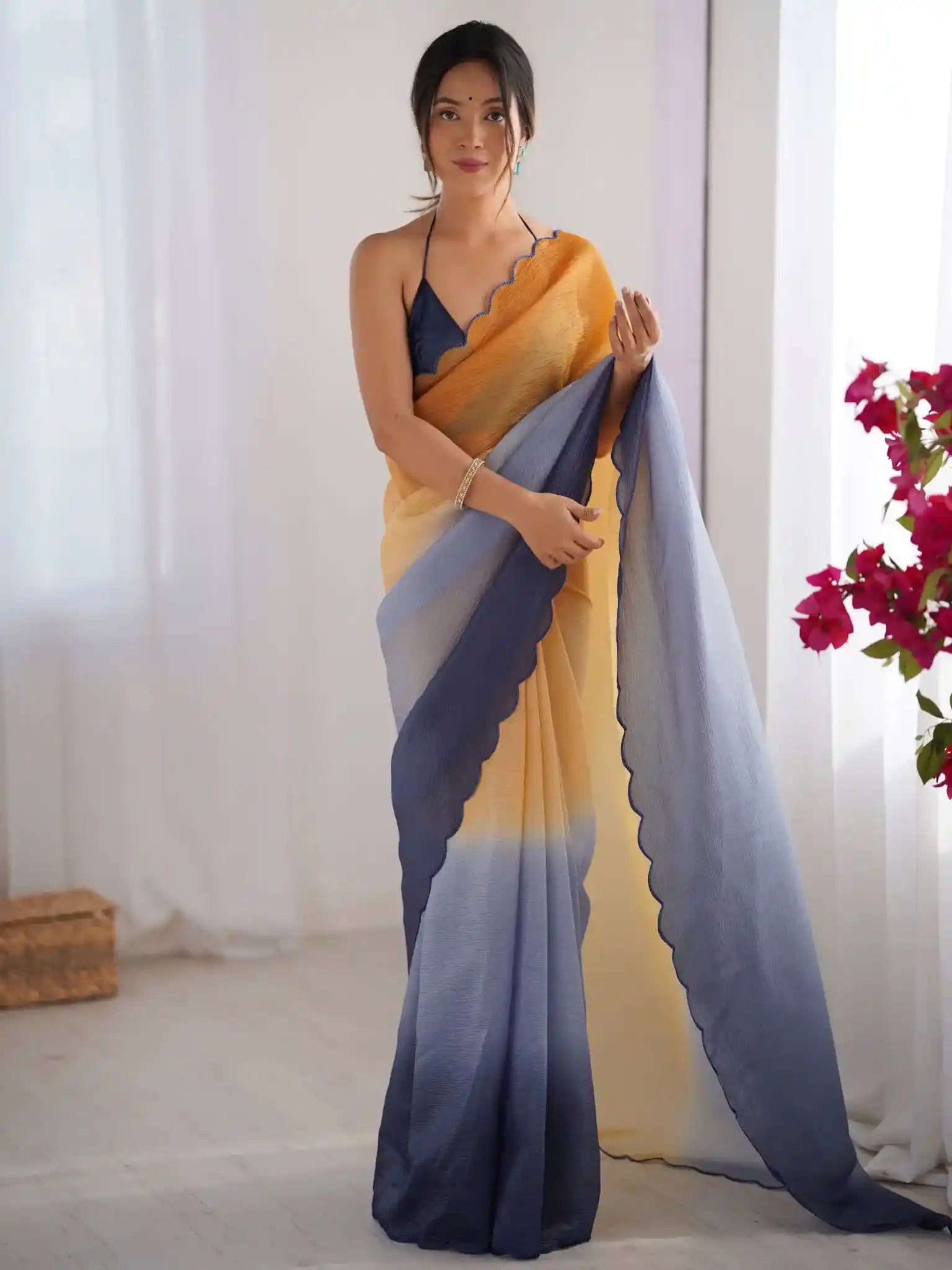 Orange, Grey Crunchy Padding Color Arco Border Saree - View 3