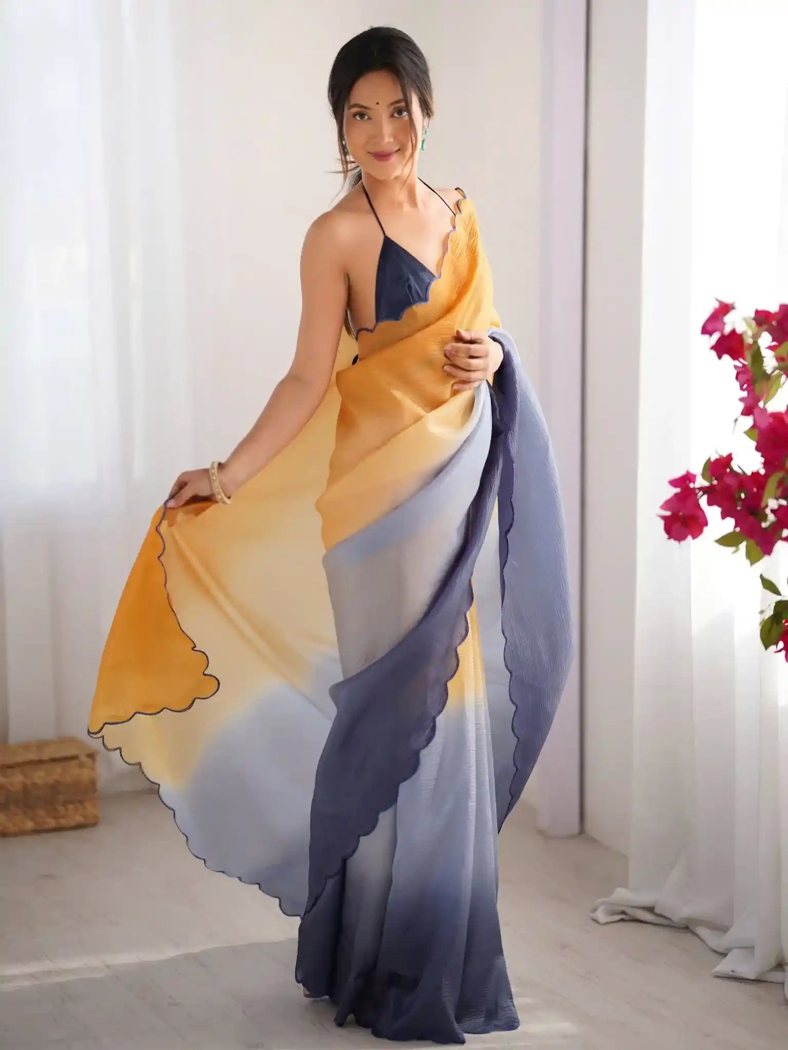 Orange, Grey Crunchy Padding Color Arco Border Saree - View 5
