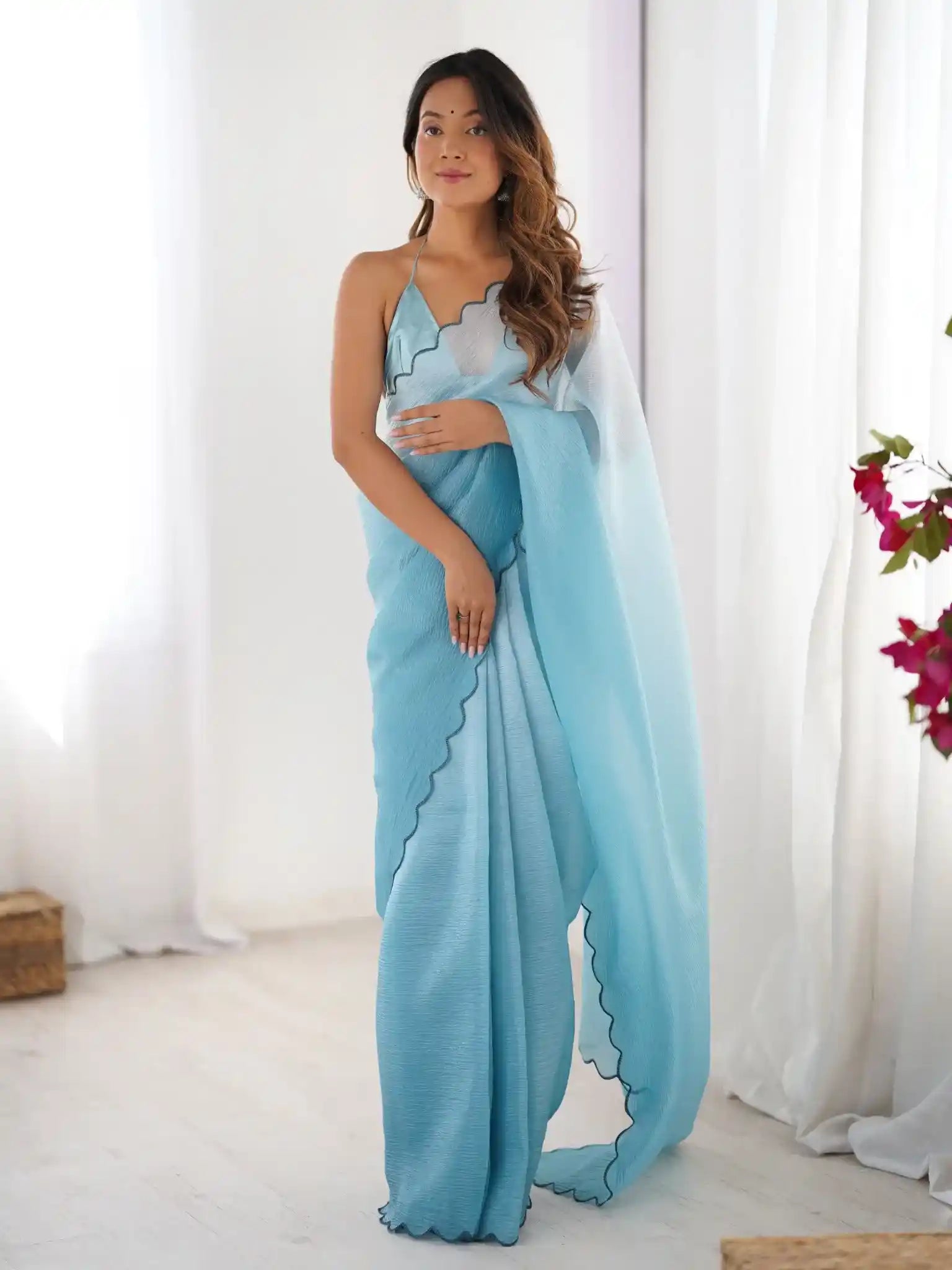 Sky Blue Crunchy Padding Color Arco Border Saree - View 1