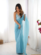 Sky Blue Crunchy Padding Color Arco Border Saree - View 5
