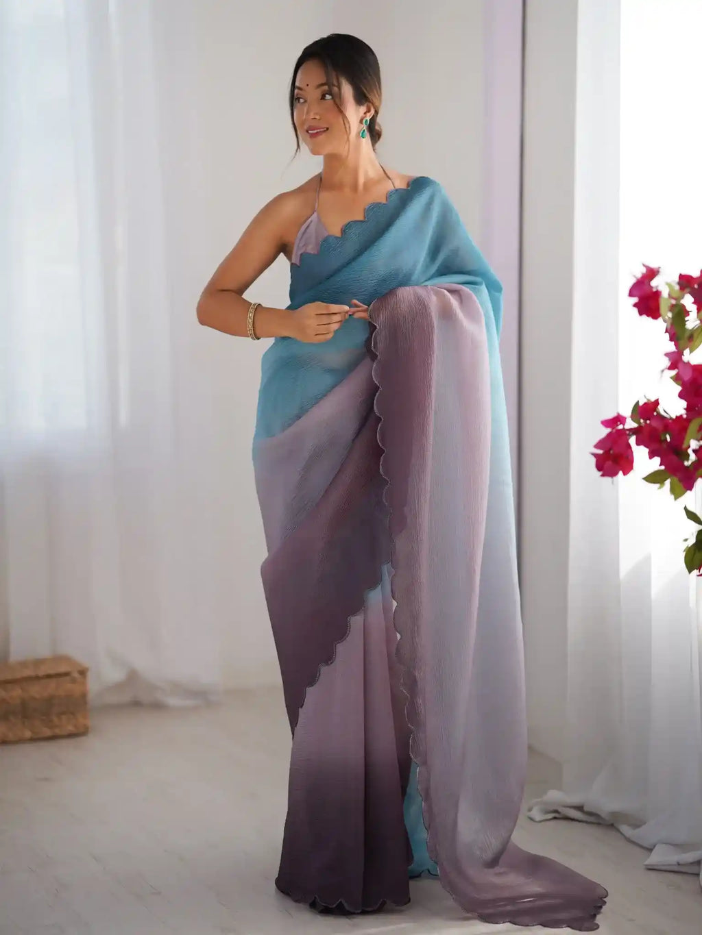 Sky Blue, Grey Crunchy Padding Color Arco Border Saree - View 1