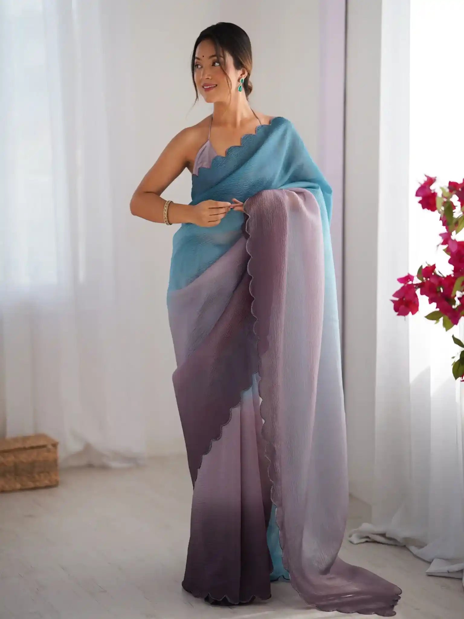 Sky Blue, Grey Crunchy Padding Color Arco Border Saree - View 1