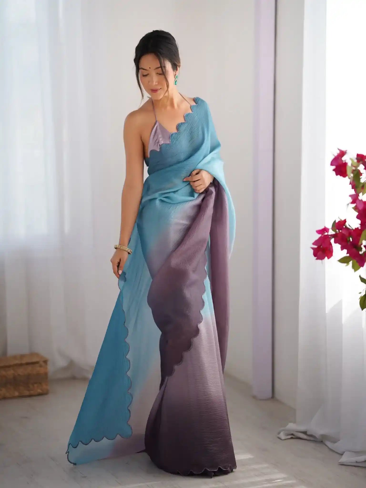 Sky Blue, Grey Crunchy Padding Color Arco Border Saree - View 2
