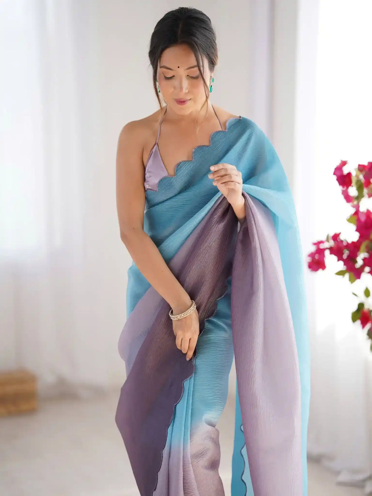 Sky Blue, Grey Crunchy Padding Color Arco Border Saree - View 4