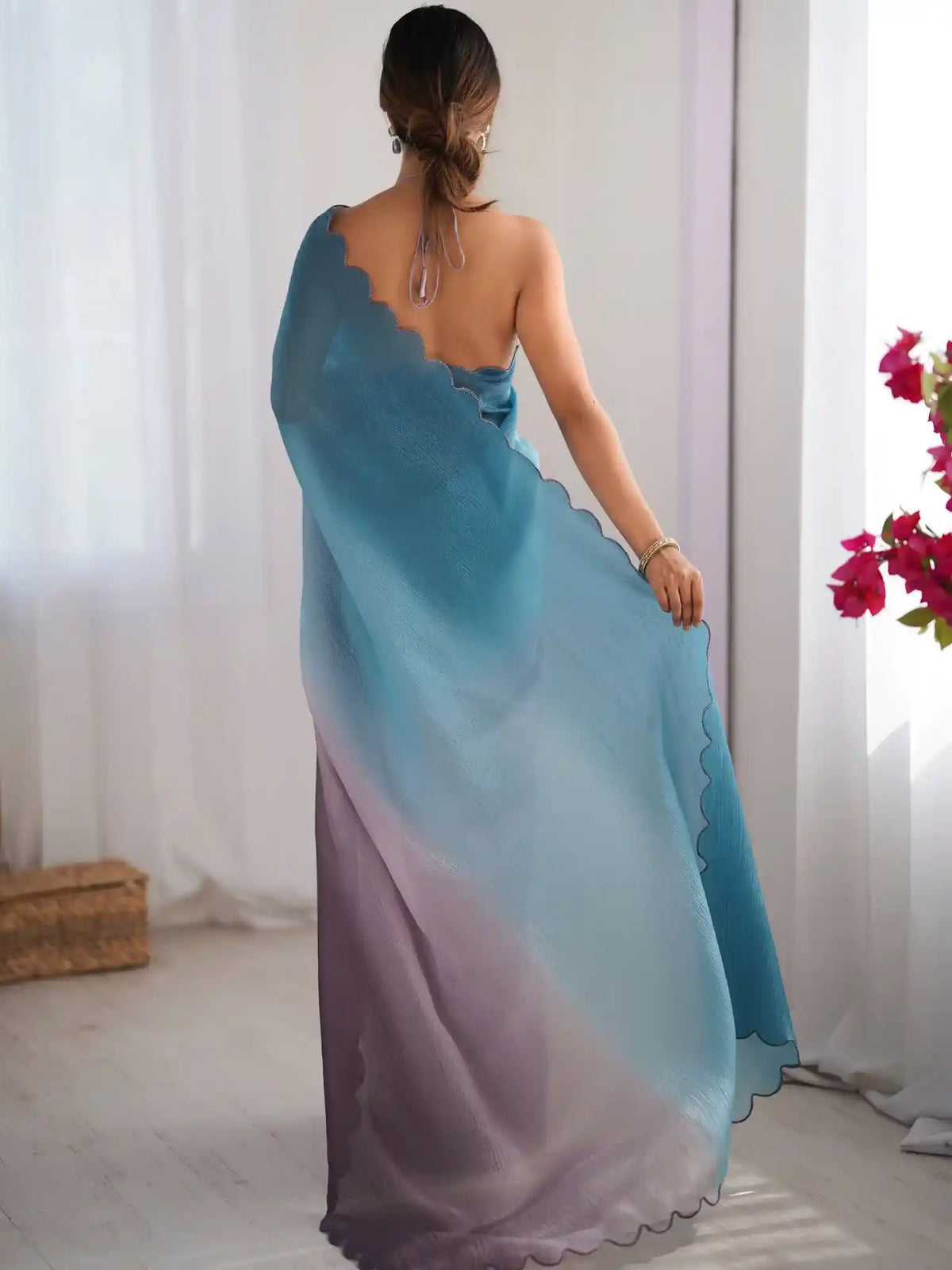 Sky Blue, Grey Crunchy Padding Color Arco Border Saree - View 5