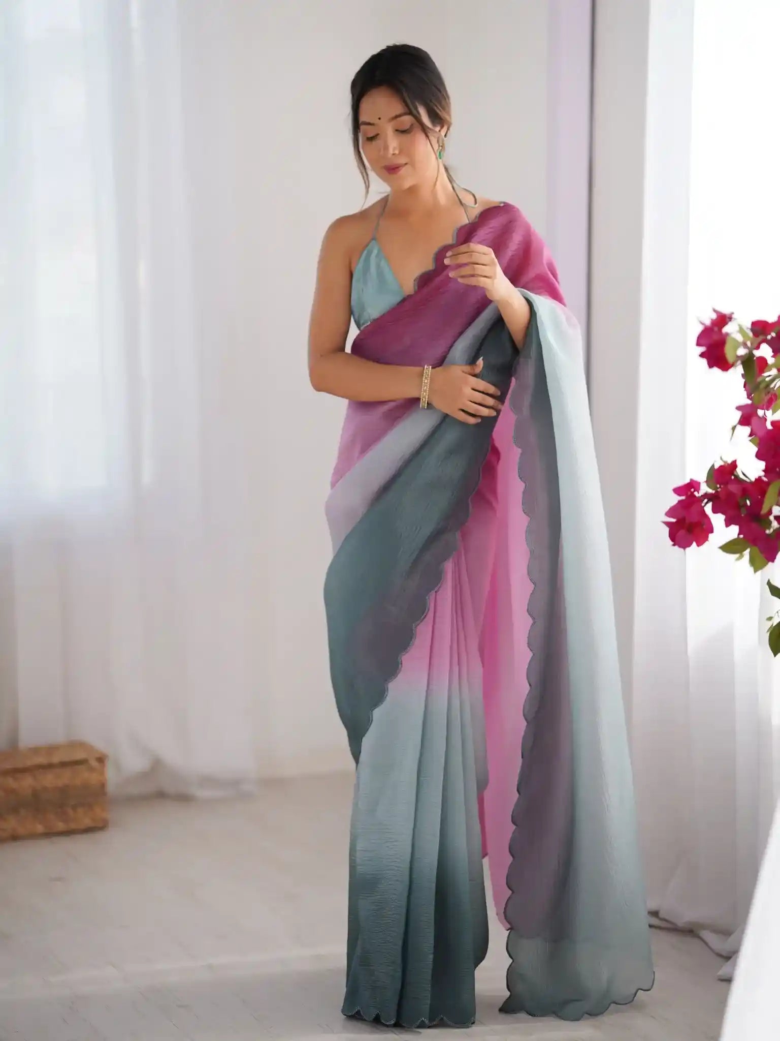 Wine, Grey Crunchy Padding Color Arco Border Saree - View 1