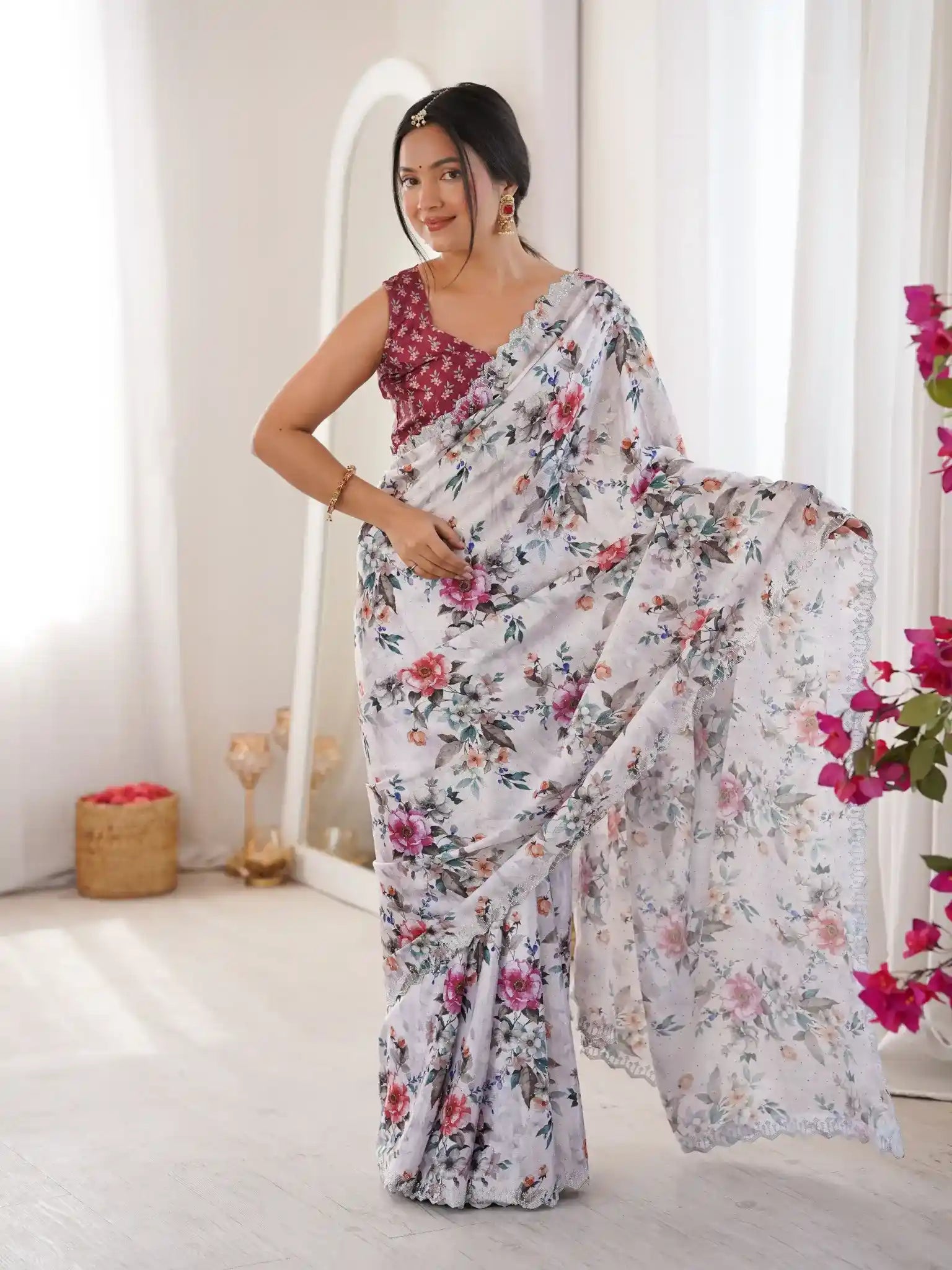 White Pure Chinon Digital Printed Swarovski Work Saree - View 1