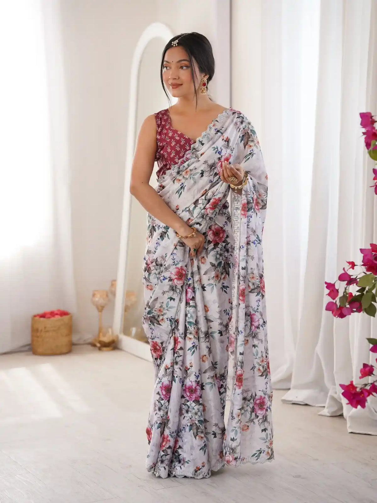 White Pure Chinon Digital Printed Swarovski Work Saree - View 2