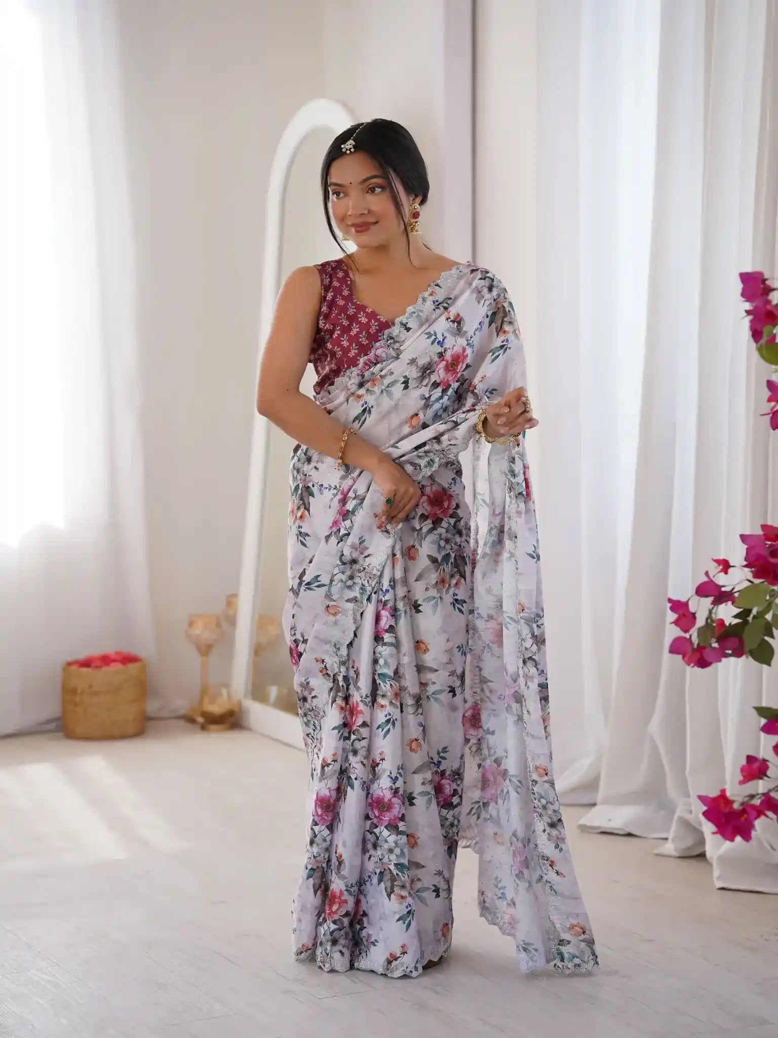 White Pure Chinon Digital Printed Swarovski Work Saree - View 3