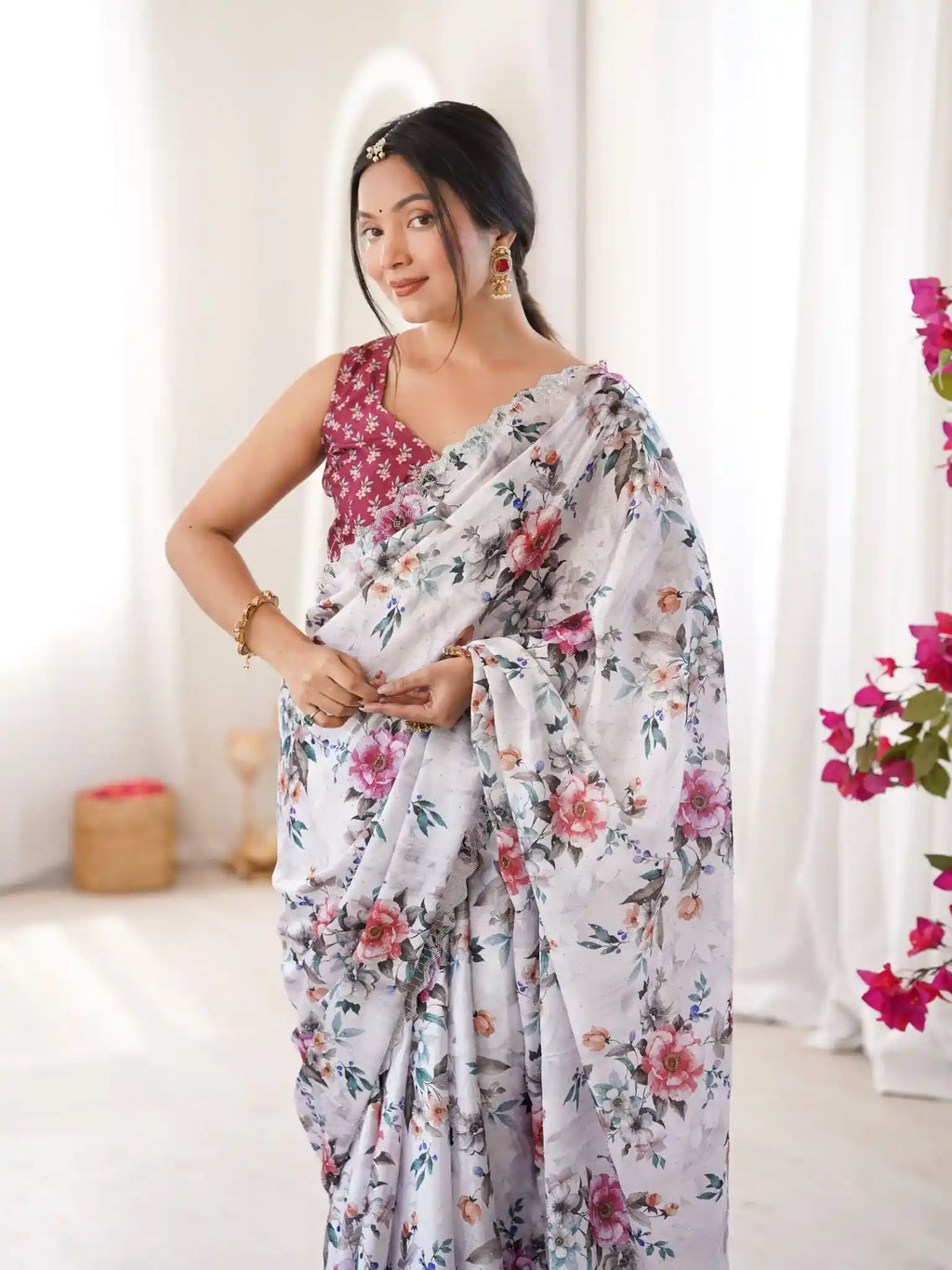 White Pure Chinon Digital Printed Swarovski Work Saree - View 4
